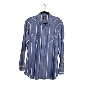 Karman Pearl Snap Western Shirt Mens Size L Blue White‎ Striped Lightweight